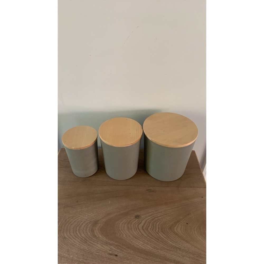 Danish Modern Style Canisters, Teak Wood Lids Gray Speckled Melamine Threshold